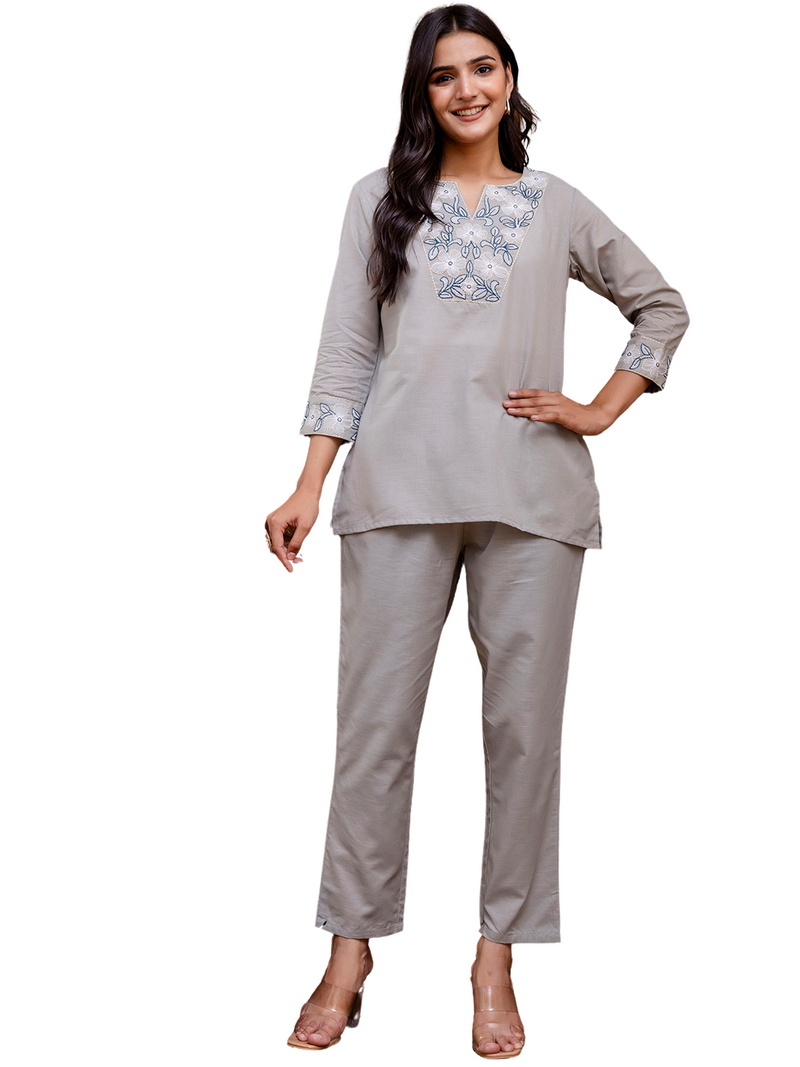 Grey Women's Embroidered Co-ord Set - Viscose Fabric Full Sleeve Short Kurta and Pant