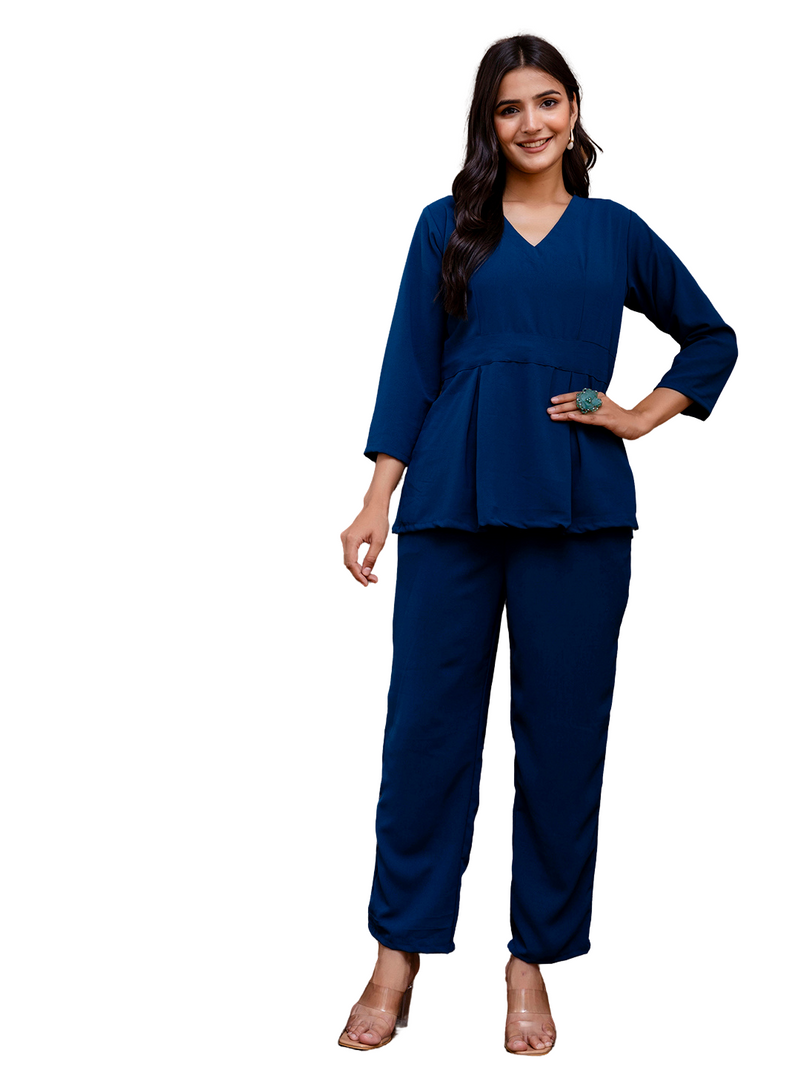 Dark Blue Women's Embroidered Co-ord Set - Viscose Fabric Full Sleeve Short Kurta and Pant