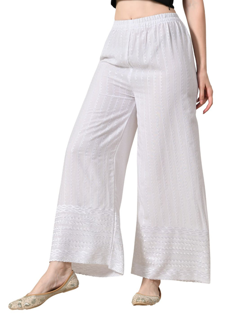 White White Embroidered Cotton Palazzos–Elastic Waist & Ankle-Length with Side Pocket