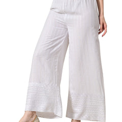 White White Embroidered Cotton Palazzos–Elastic Waist & Ankle-Length with Side Pocket