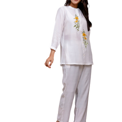 White Women's Embroidered Co-ord Set - Viscose Fabric Full Sleeve Shirt and Pant