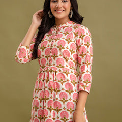 Floral Printed Pure Cotton Pleated A-Line Kurti