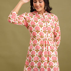 Floral Printed Pure Cotton Pleated A-Line Kurti