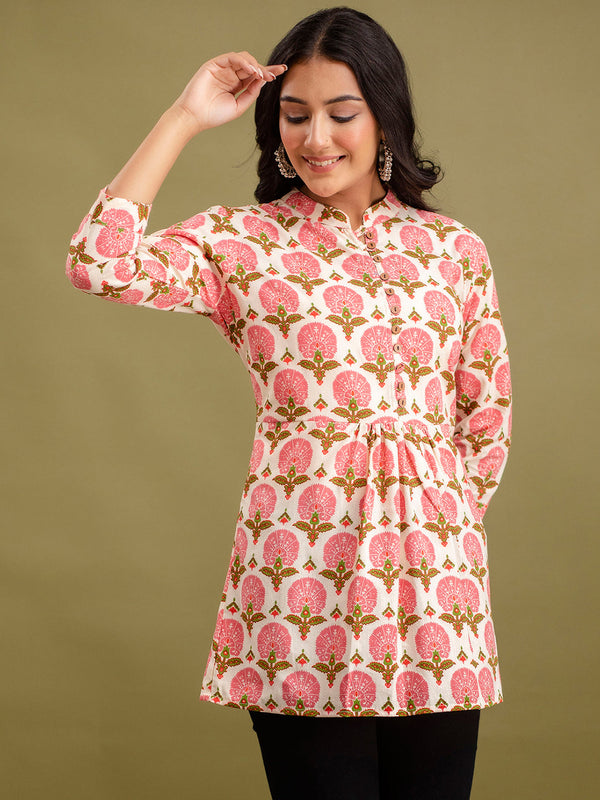 Floral Printed Pure Cotton Pleated A-Line Kurti