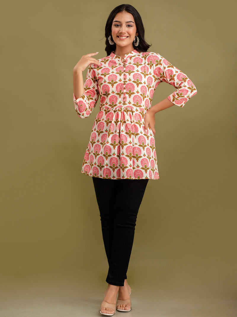 Floral Printed Pure Cotton Pleated A-Line Kurti