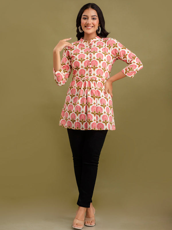 Floral Printed Pure Cotton Pleated A-Line Kurti
