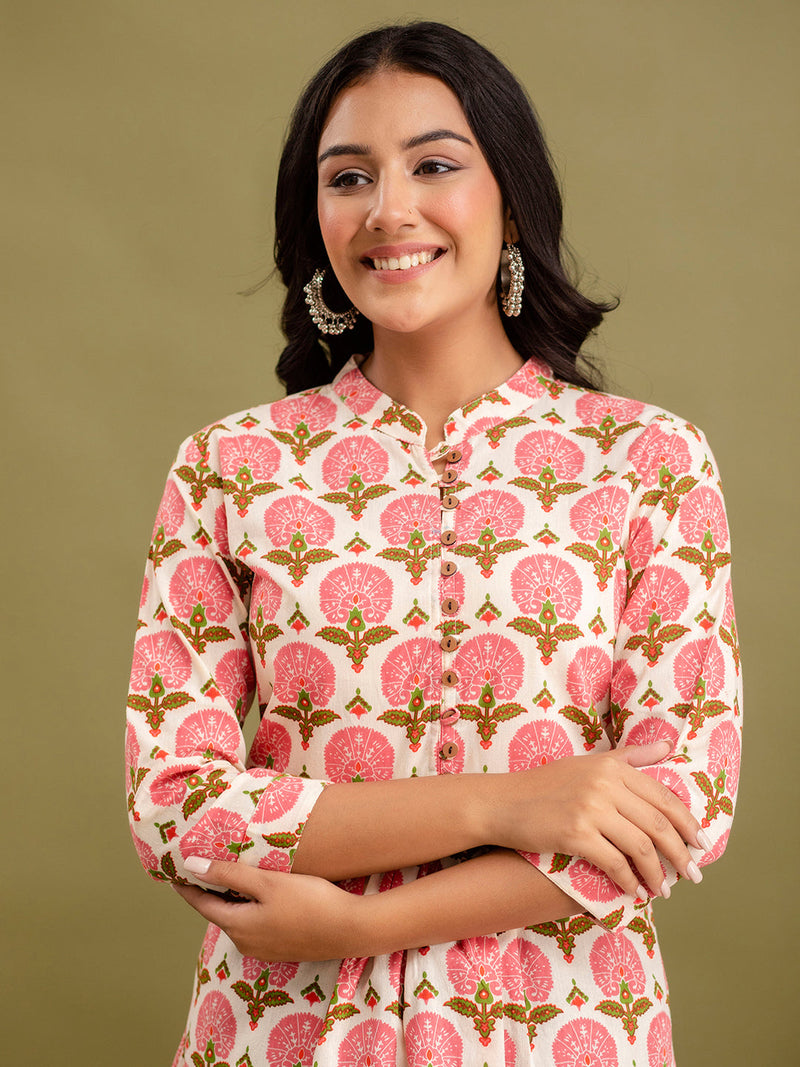 Floral Printed Pure Cotton Pleated A-Line Kurti