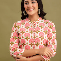 Floral Printed Pure Cotton Pleated A-Line Kurti