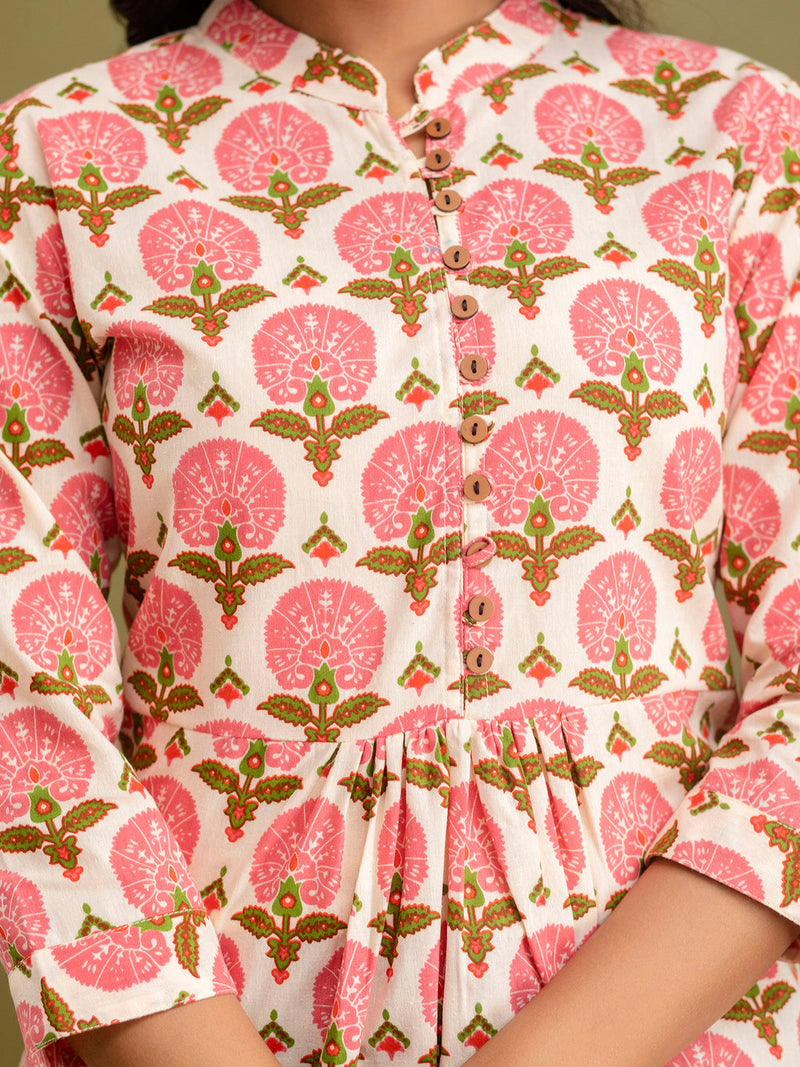 Floral Printed Pure Cotton Pleated A-Line Kurti