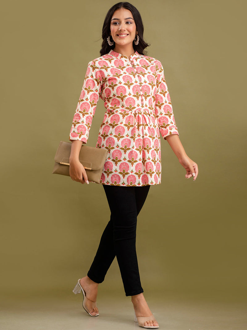 Floral Printed Pure Cotton Pleated A-Line Kurti