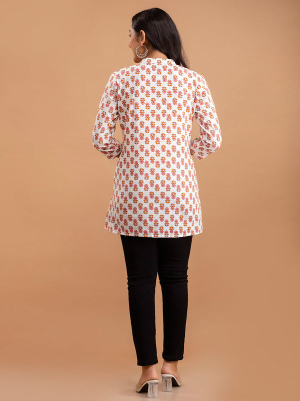 Floral Printed Pure Cotton Pleated A-Line Kurti