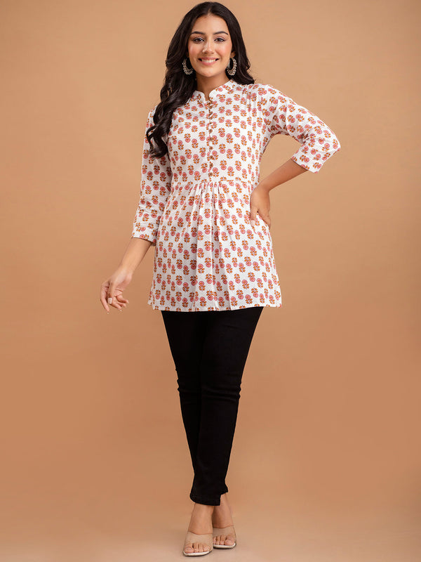Floral Printed Pure Cotton Pleated A-Line Kurti