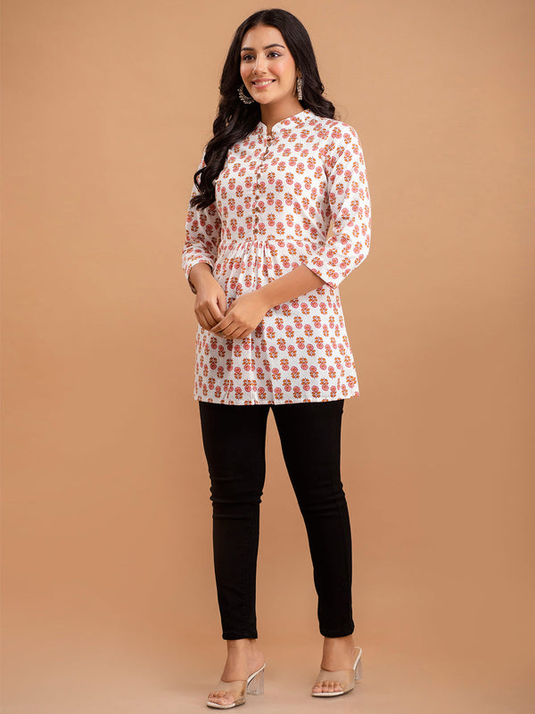 Floral Printed Pure Cotton Pleated A-Line Kurti