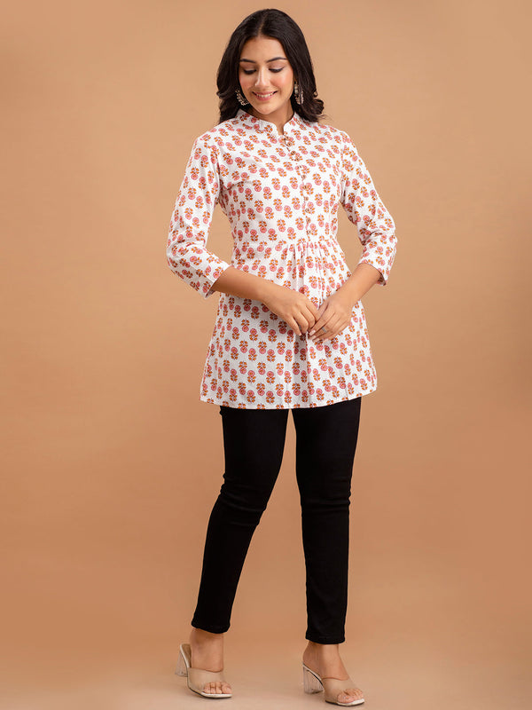 Floral Printed Pure Cotton Pleated A-Line Kurti