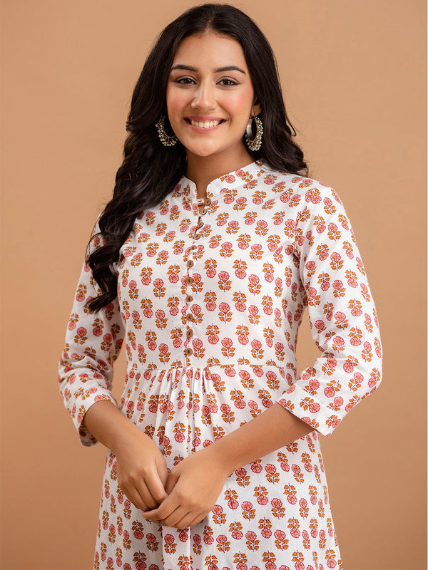 Floral Printed Pure Cotton Pleated A-Line Kurti