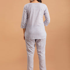 White Printed Cotton Night Suit with V-Neck Kurti & Ankle-Length Pants