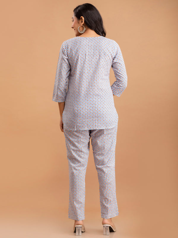 White Printed Cotton Night Suit with V-Neck Kurti & Ankle-Length Pants