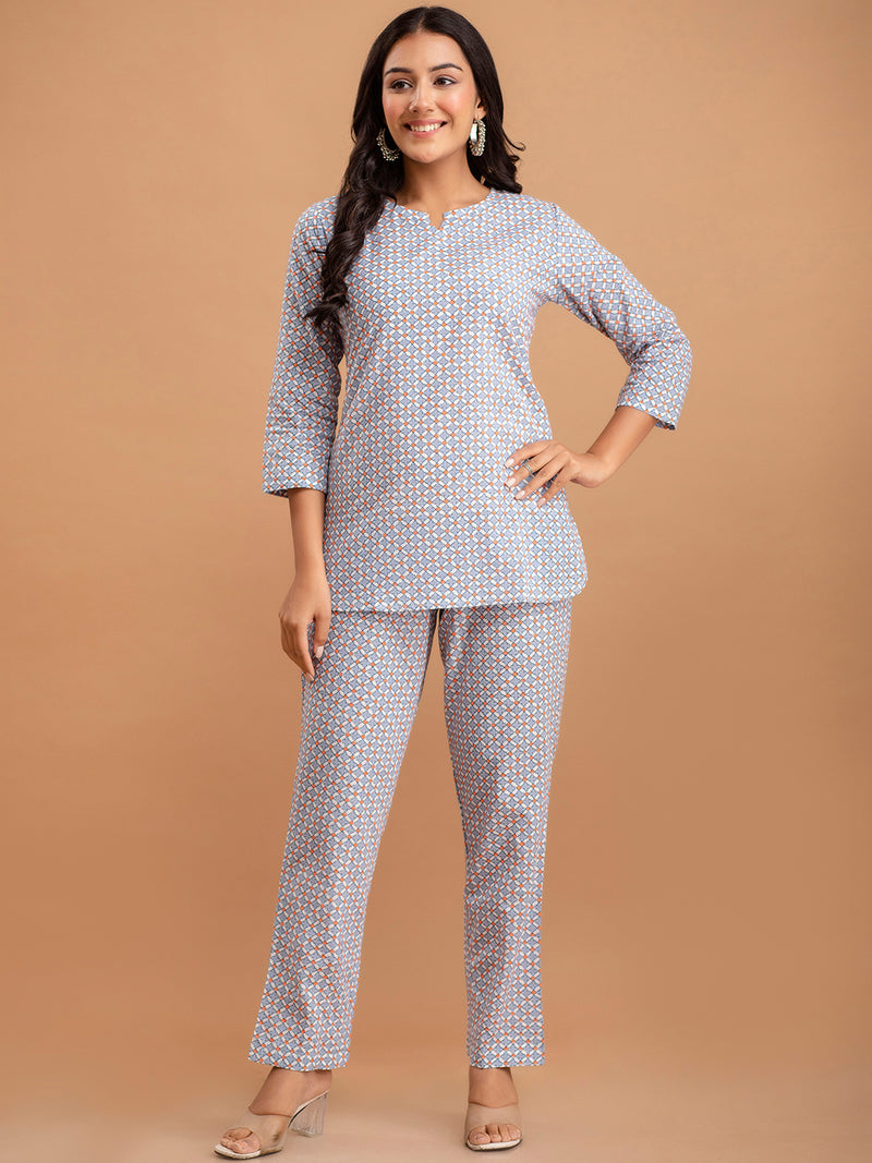 White Printed Cotton Night Suit with V-Neck Kurti & Ankle-Length Pants