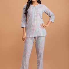 White Printed Cotton Night Suit with V-Neck Kurti & Ankle-Length Pants
