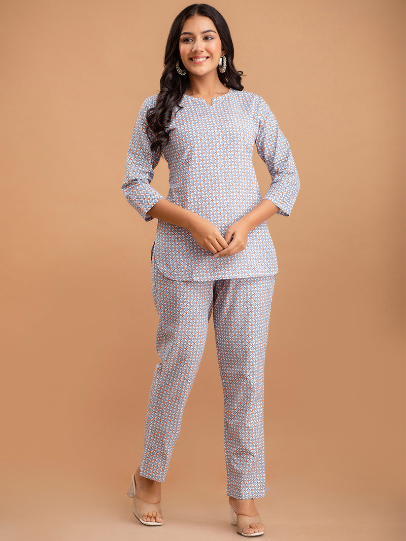 White Printed Cotton Night Suit with V-Neck Kurti & Ankle-Length Pants