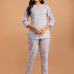 White Printed Cotton Night Suit with V-Neck Kurti & Ankle-Length Pants