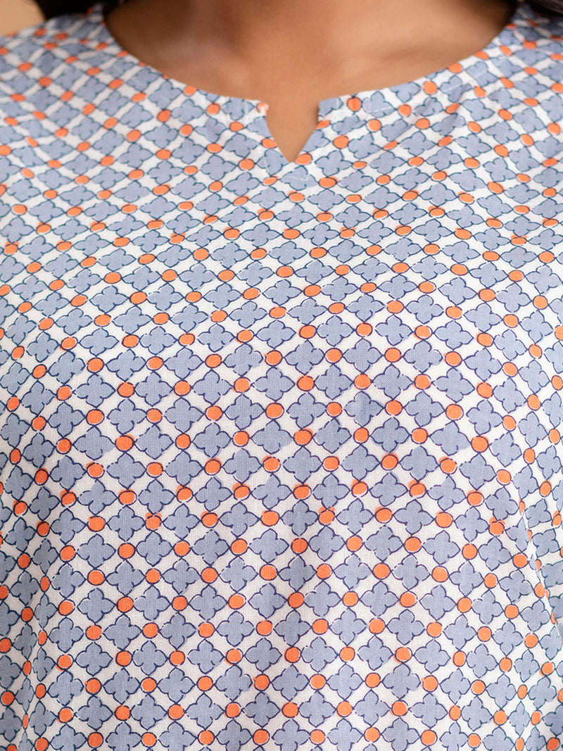 White Printed Cotton Night Suit with V-Neck Kurti & Ankle-Length Pants