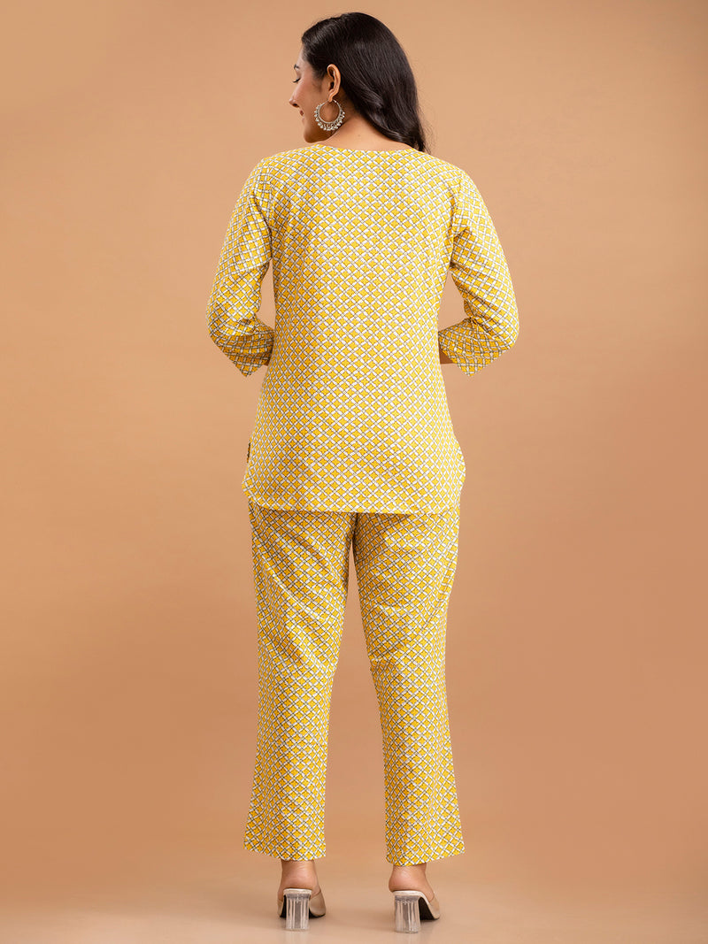 Yellow Printed Cotton Night Suit with V-Neck Kurti & Ankle-Length Pants