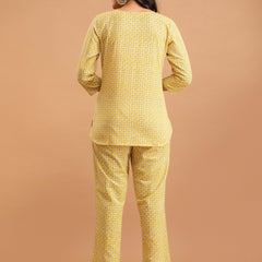 Yellow Printed Cotton Night Suit with V-Neck Kurti & Ankle-Length Pants
