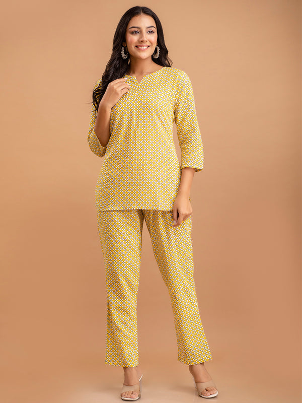 Yellow Printed Cotton Night Suit with V-Neck Kurti & Ankle-Length Pants