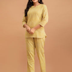 Yellow Printed Cotton Night Suit with V-Neck Kurti & Ankle-Length Pants