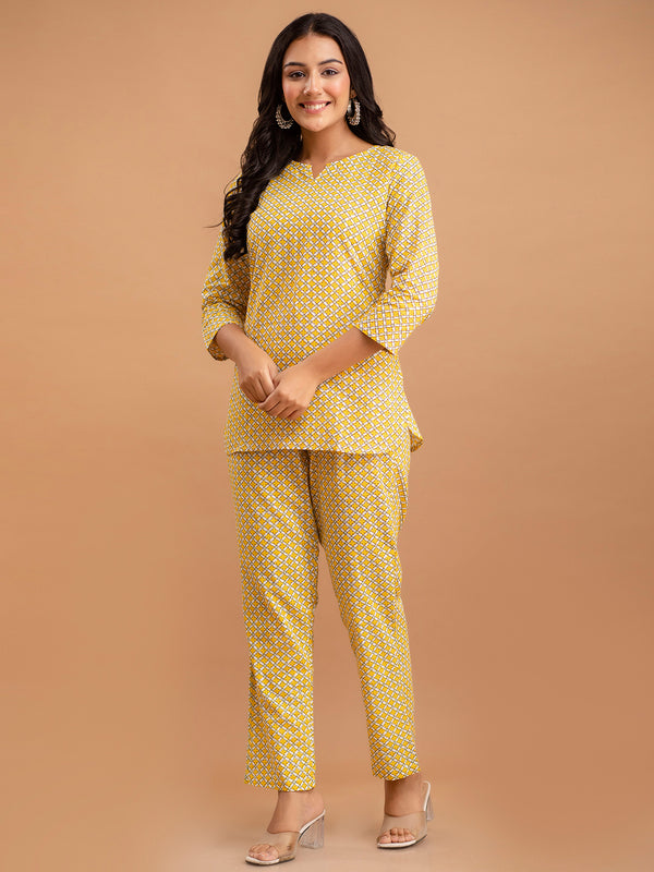 Yellow Printed Cotton Night Suit with V-Neck Kurti & Ankle-Length Pants