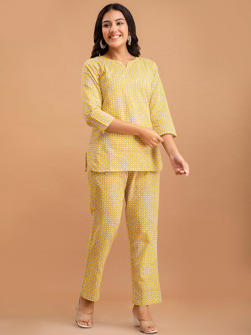 Yellow Printed Cotton Night Suit with V-Neck Kurti & Ankle-Length Pants