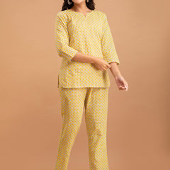 Yellow Printed Cotton Night Suit with V-Neck Kurti & Ankle-Length Pants