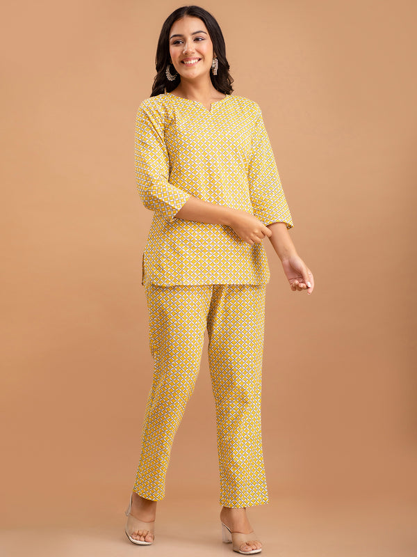 Yellow Printed Cotton Night Suit with V-Neck Kurti & Ankle-Length Pants