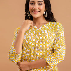 Yellow Printed Cotton Night Suit with V-Neck Kurti & Ankle-Length Pants