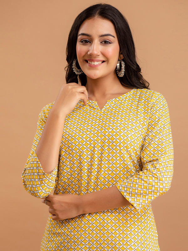 Yellow Printed Cotton Night Suit with V-Neck Kurti & Ankle-Length Pants