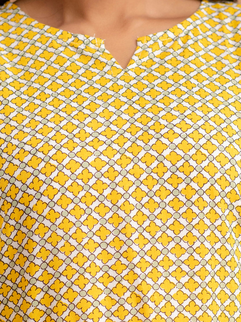 Yellow Printed Cotton Night Suit with V-Neck Kurti & Ankle-Length Pants