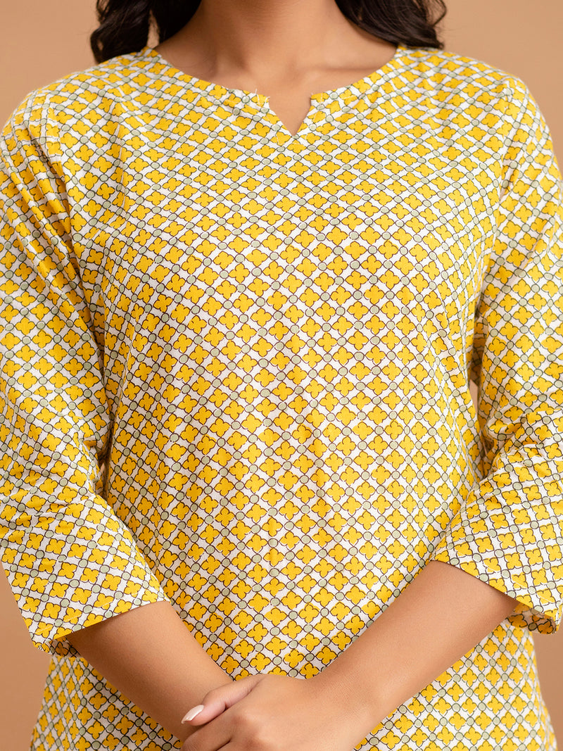 Yellow Printed Cotton Night Suit with V-Neck Kurti & Ankle-Length Pants