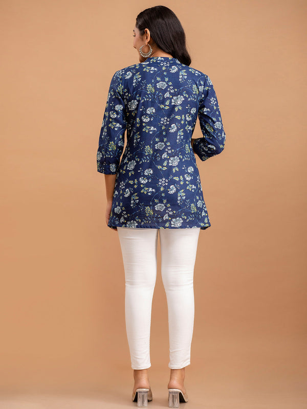 Floral Printed Pure Cotton Pleated A-Line Kurti