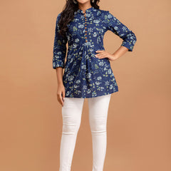 Floral Printed Pure Cotton Pleated A-Line Kurti