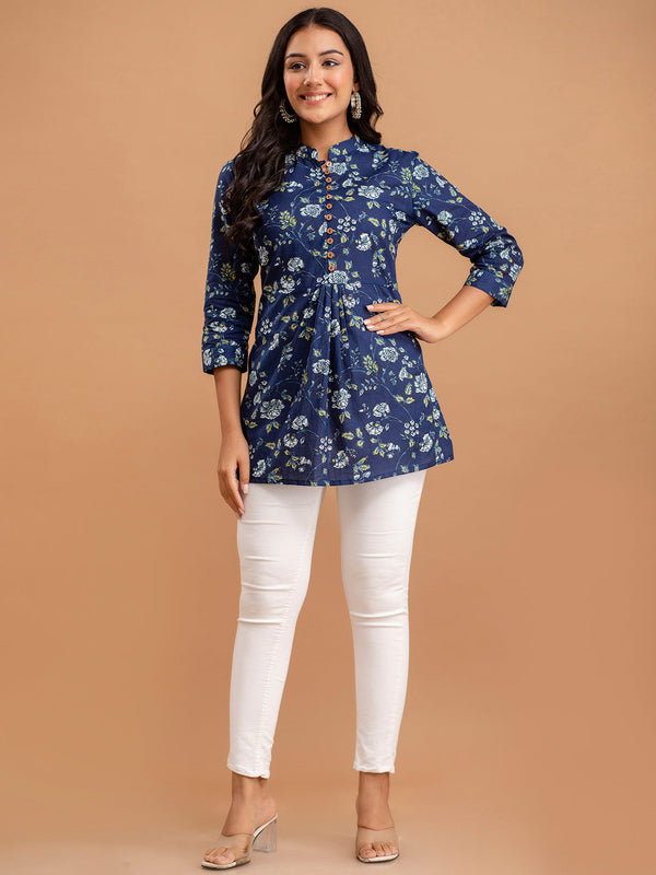 Floral Printed Pure Cotton Pleated A-Line Kurti
