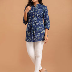 Floral Printed Pure Cotton Pleated A-Line Kurti