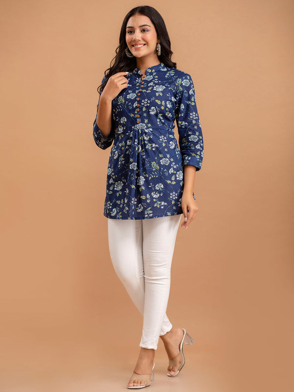 Floral Printed Pure Cotton Pleated A-Line Kurti