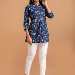 Floral Printed Pure Cotton Pleated A-Line Kurti