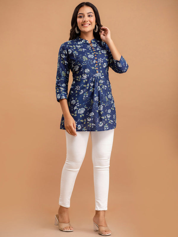 Floral Printed Pure Cotton Pleated A-Line Kurti