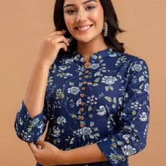 Floral Printed Pure Cotton Pleated A-Line Kurti