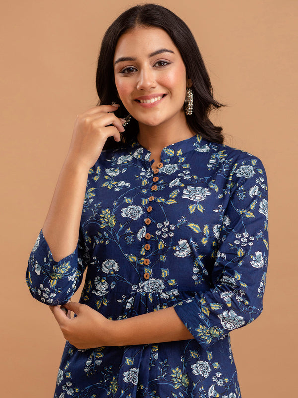 Floral Printed Pure Cotton Pleated A-Line Kurti