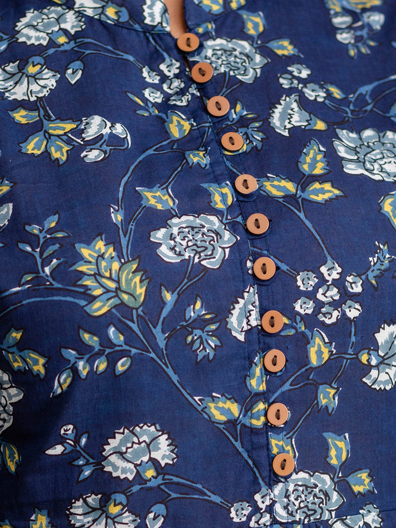 Floral Printed Pure Cotton Pleated A-Line Kurti