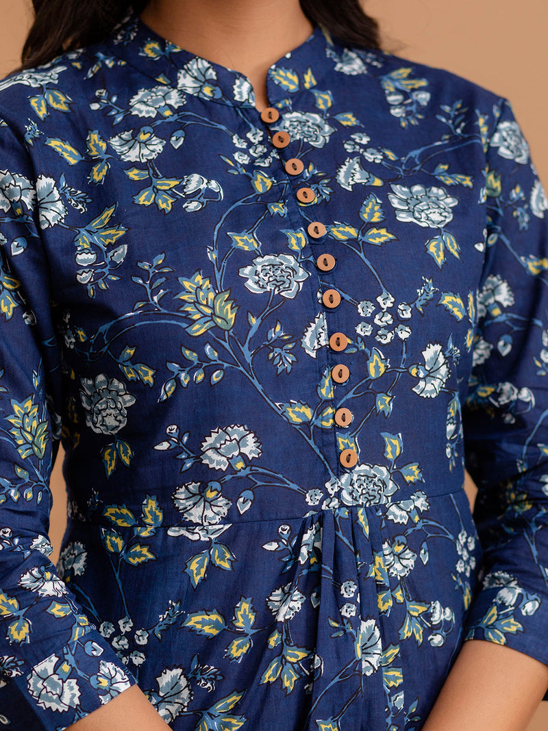 Floral Printed Pure Cotton Pleated A-Line Kurti