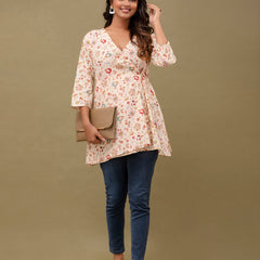 Floral Printed V-Neck Pure Cotton Angrakha A-Line